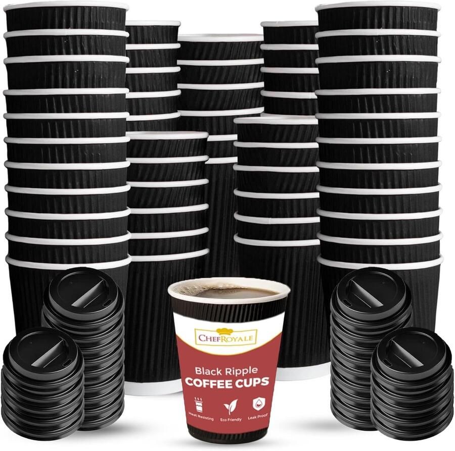 Wegwerp Koffiebekers Bekers met deksel Drinken onderweg Extra geïsoleerd 200 stuks Zwart