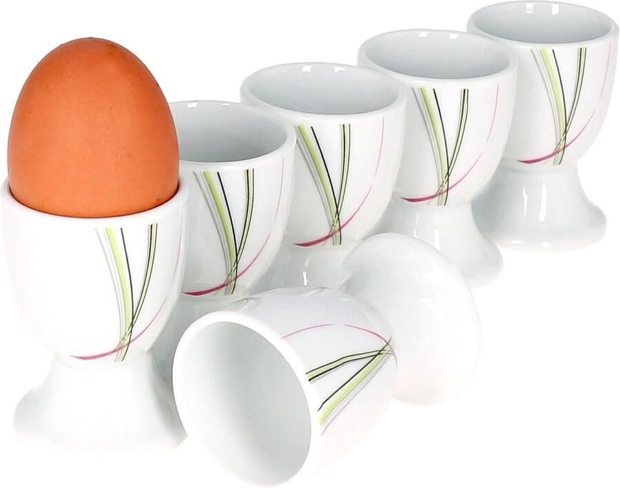 Well I Set van 6 eierdopjes rond voor 6 personen diameter 4 7 cm hoge eierstandaard eierbeker abstracte strepen roze-groen-grijs-zwart porseleinen servies