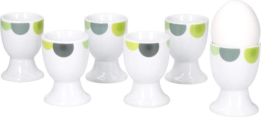 Well Rondo Set van 6 eierdopjes rond beker Ø 5 cm hoge eierstandaard Egg Cup abstracte retro cirkel groen-geel edel porseleinen servies