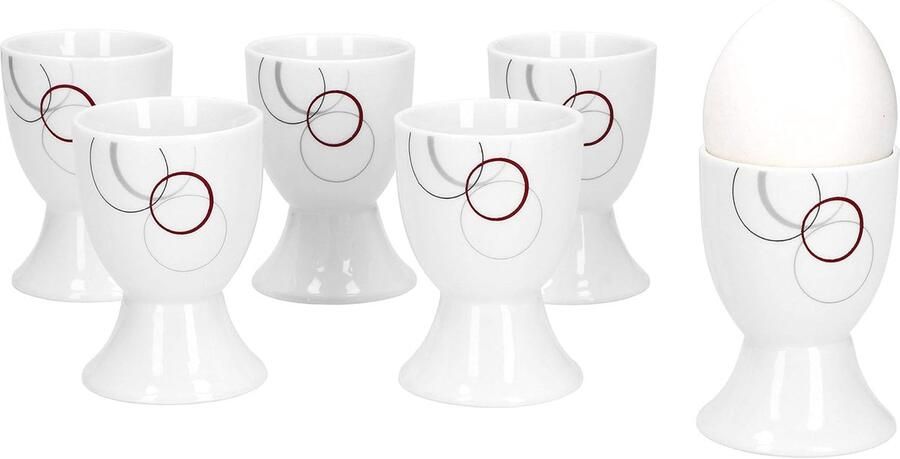 Well Set van 6 eierdopjes Palazzo 4 8 cm van wit porselein met decoratieve cirkels in grijs en donkerrood