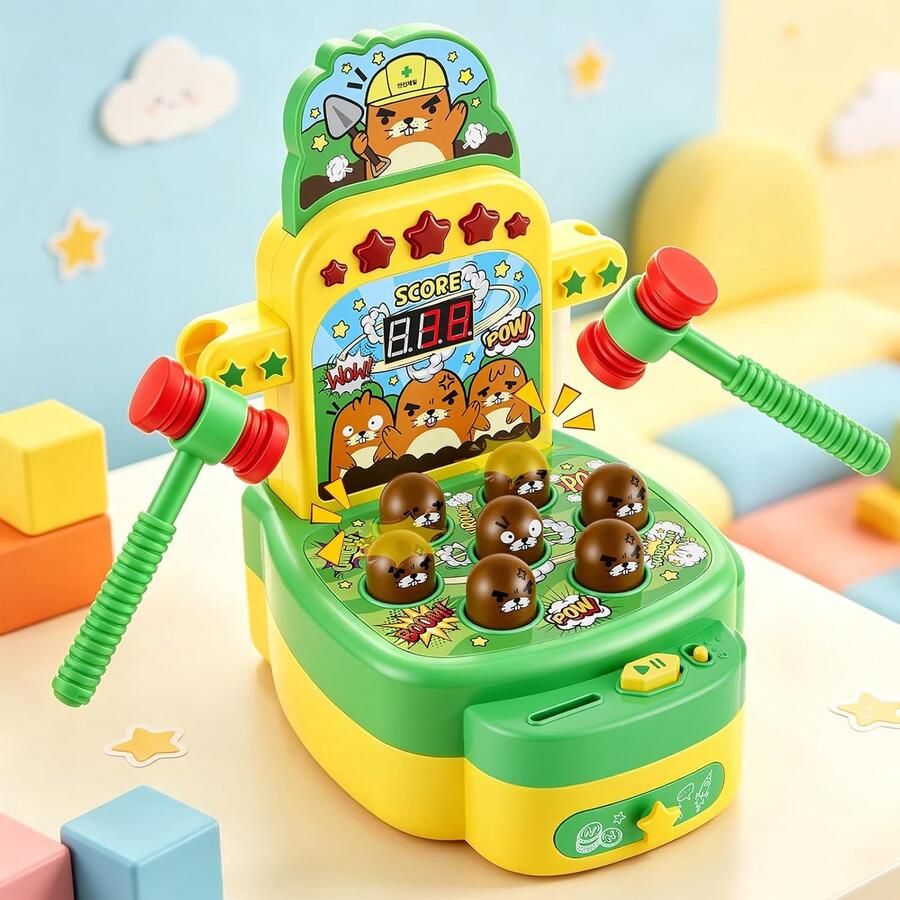 Whack-a-Mole spel voor kinderen Interactief muzikaal speelgoed met 2 hamers om de motorische vaardigheden te bevorderen Educatief speelgoed met licht- en geluidseffecten arcadespel lcd-scherm groen