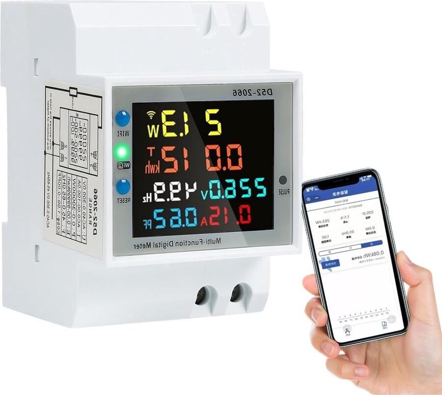 WiFi Slimme Stroommeter DIN Rail 6-in-1 LCD Digitale Stroommeter en KWh Teller voor AC 40-300V 100A met LCD Display en Geïntegreerde CT