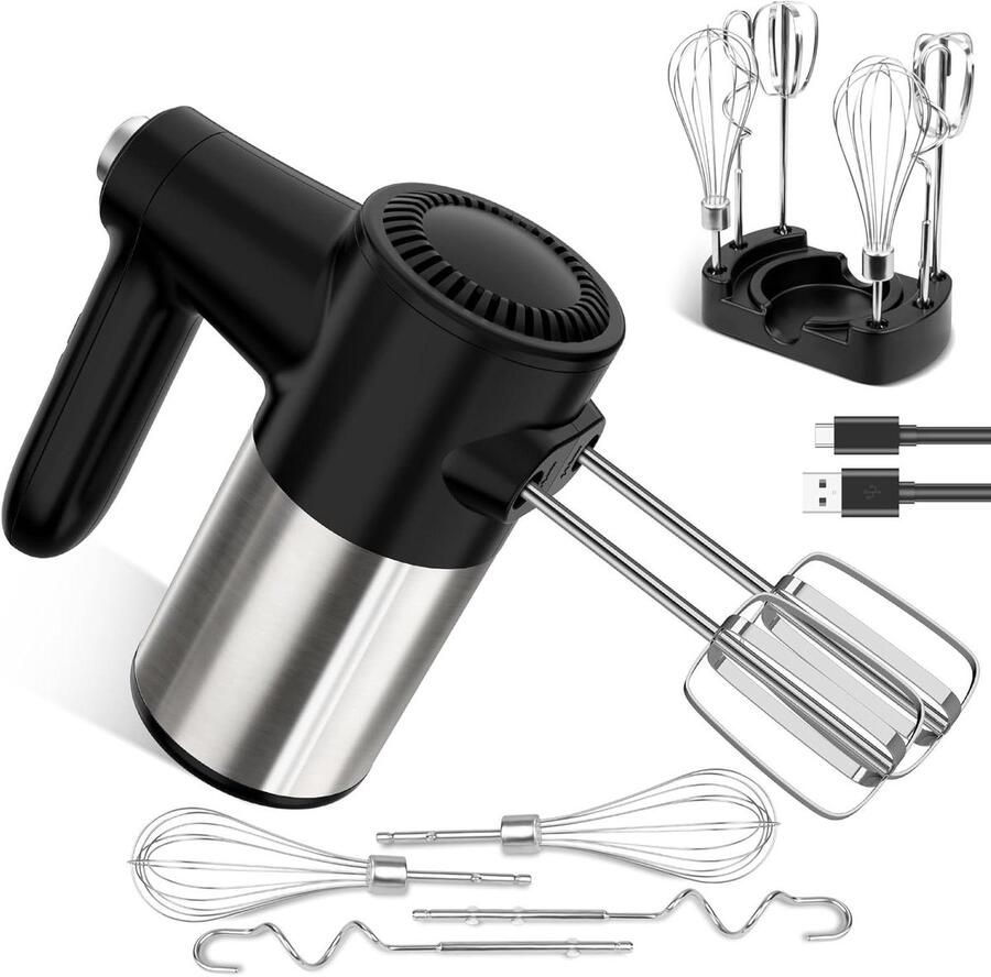 Wireless Hand Mixer Digital Display 7 Speeds USB Rechargeable Electric Hand Mixer with 6 Stainless Steel Attachments Whisk Dough Hook and Base