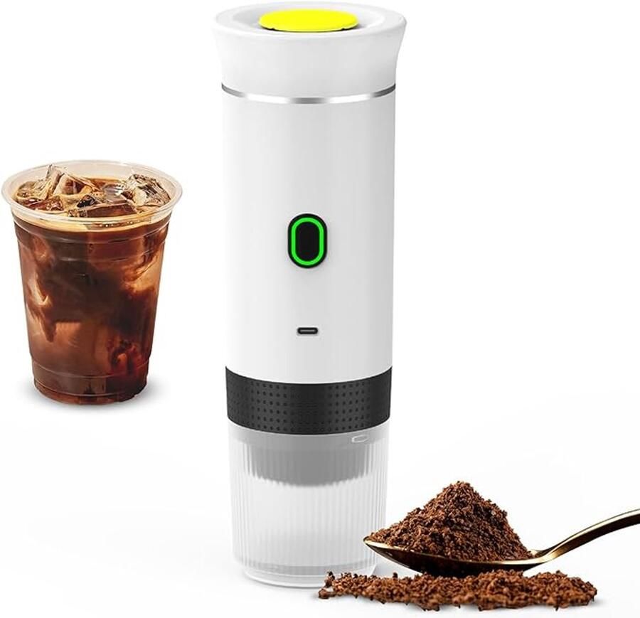 Witte draadloze koffiemachine voor in de auto thuis en op reis 3-in-1 elektrische koffiemachine geschikt voor capsules of gemalen koffie mini-koffiemachine (15 bar) voor koud brouwen en warm koffiezetten kopje met een inhoud van 15 ml