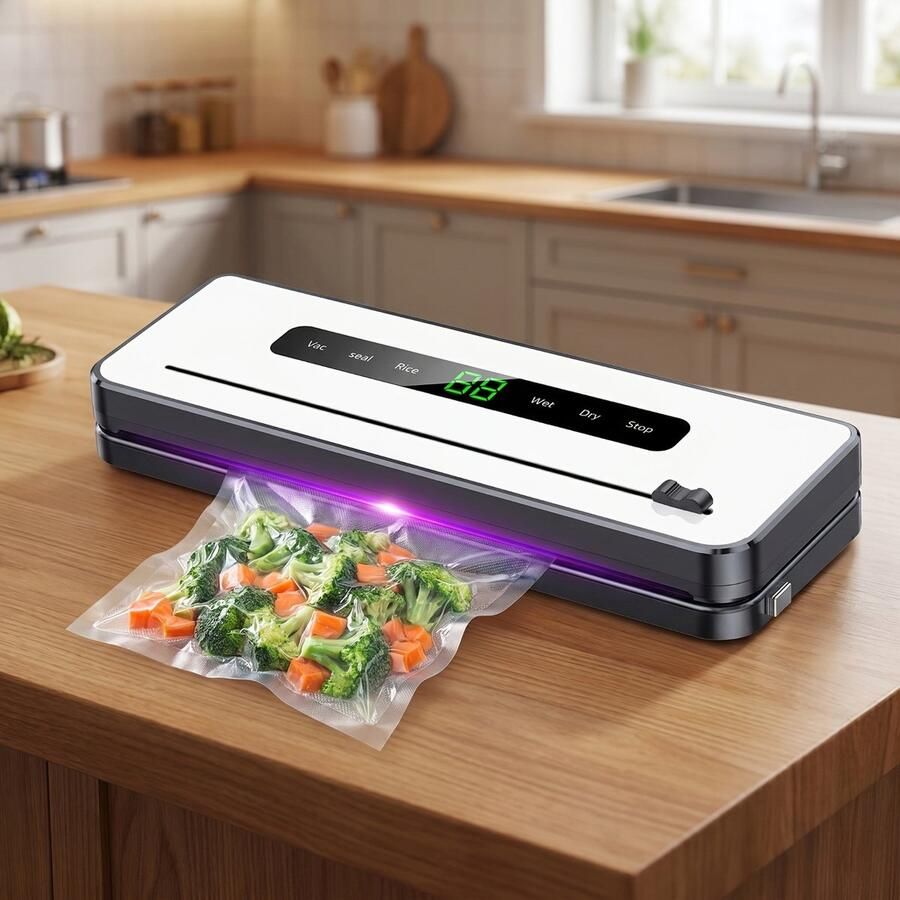 Witte Elektrische Vacumeermachine voor Voedsel Inclusief 30 Vacuümzakken Vacuum Sealer met LED Display en Nat Droog Rijst Modi
