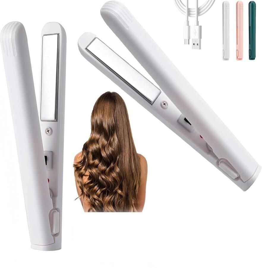 Witte Hair straightener curling iron 2-in-1 Mini Stijltang en Krultang Draagbaar USB Oplaadbaar Snel Opwarmen Keramisch voor Steil Haar Krullend Haar en Pony