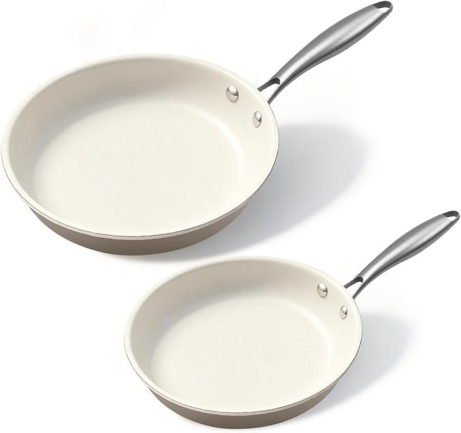 Witte Koekenpan 22 cm met Antiaanbaklaag en Deksel PFAS-vrij Keramisch Geschikt voor Inductie en Oven