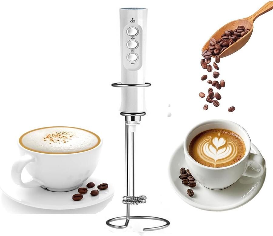 Witte Melkopschuimer Draadloze 3-in-1 Elektrische Klopper met Oplaadstation USB-C 3 Snelheden & 3 Roestvrijstalen Gardes voor Cappuccino Latte Eiwit Koffie Keukenmixer