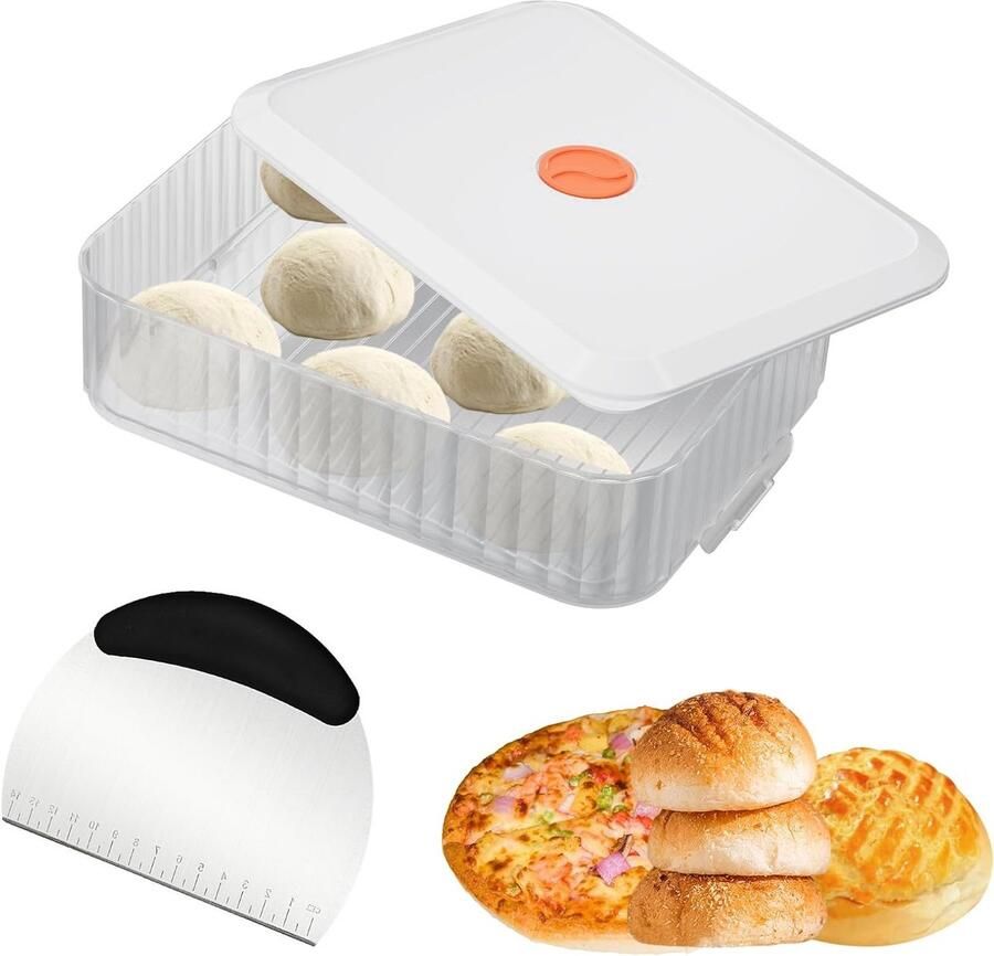 Witte Pizza Box met Deksel en RVS Deegschraper 31×23×8.6cm Vochtbestendige Fermentatiebox voor Verse Pizza Deeg en Datumregistratie