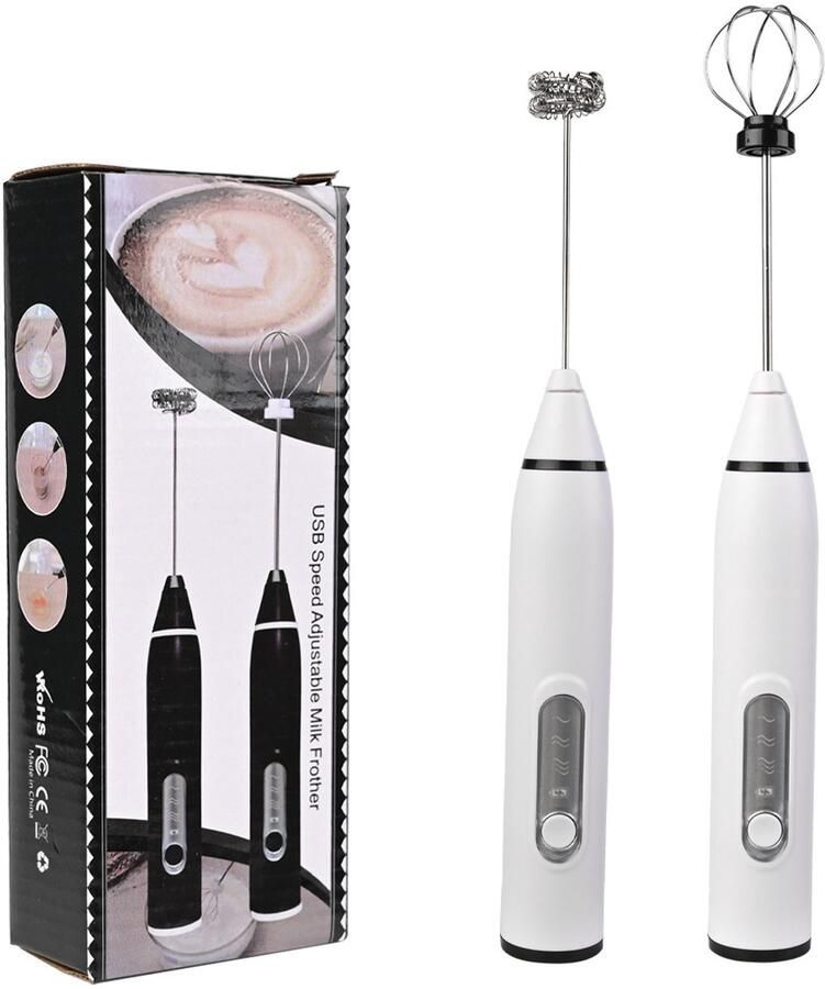 Witte USB oplaadbare melkopschuimer draadloze handmixer 304 roestvrij staal 2 opzetstukken voor koffie eieren en slagroom