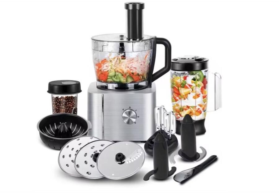 WNHB Keukenmachine Alles in 1 1100W Multifunctioneel met Blender Vleesmolen Garde Kneder Shredder Hakselaar Sinaasappelpers Zilver