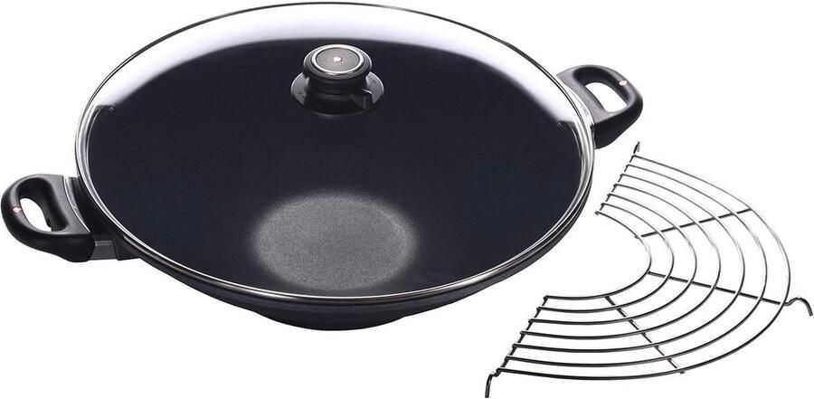 Wok 36 cm met deksel en rek 6 liter – Gegoten aluminium anti-aanbak – Geschikt voor alle kookplaten – Vaatwasmachinebestendig
