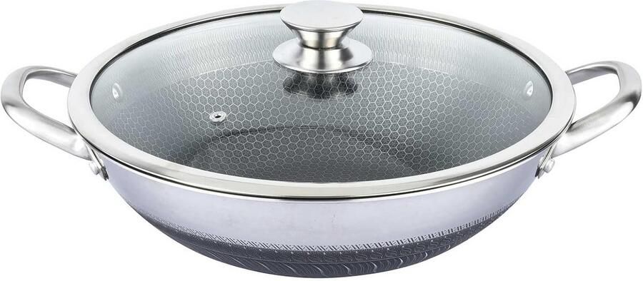 Wok Braadpan Roestvrij Staal Aziatisch Koken Honingraatstructuur 40 cm Zwart