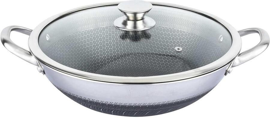 Wok braadpan Roestvrij staal Grote porties koken Antiaanbak honingraat 36 cm Metaal
