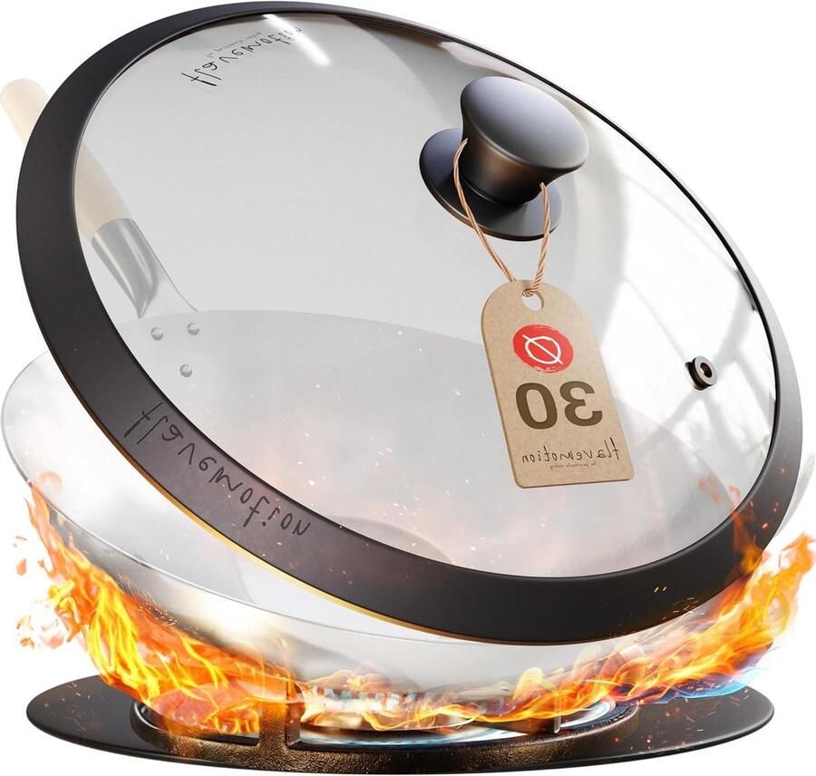 Wok Deksel Glazen Deksel Koken Onbreekbaar Glas 30 cm Zwart