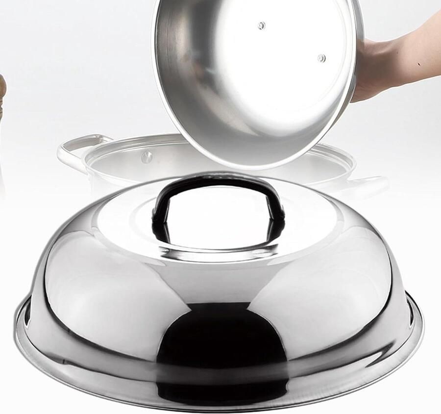 Wok Deksel Koekenpan Deksel Koken en Stomen Hoge Boog Ontwerp 34 cm Zilver