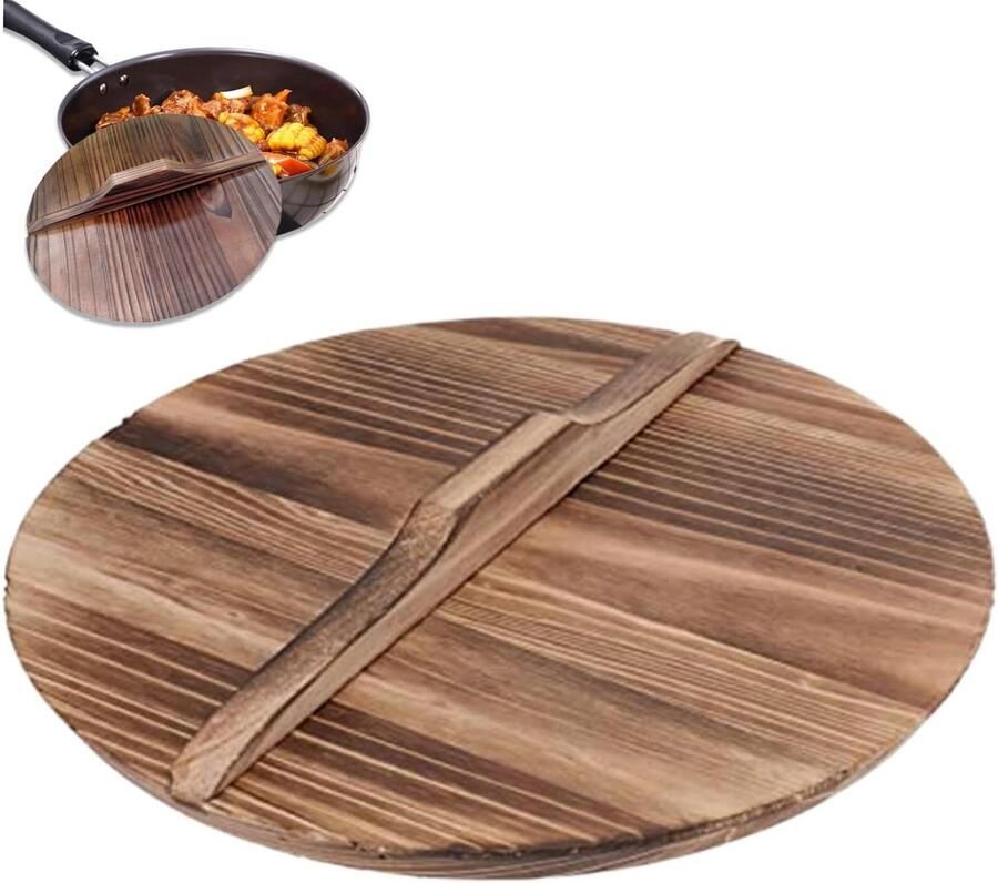 Wok Deksel Pot Deksel Koken in Keuken Anti-Brandwonden Handvat 30 cm Diameter Natuurlijk Hout