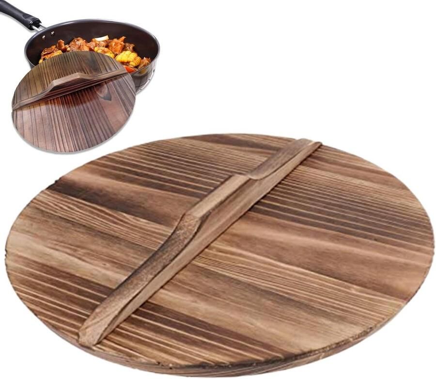 Wok Deksel Pot Deksel Koken in Keuken Anti-Brandwonden Handvat 35 cm Diameter Natuurlijk Hout