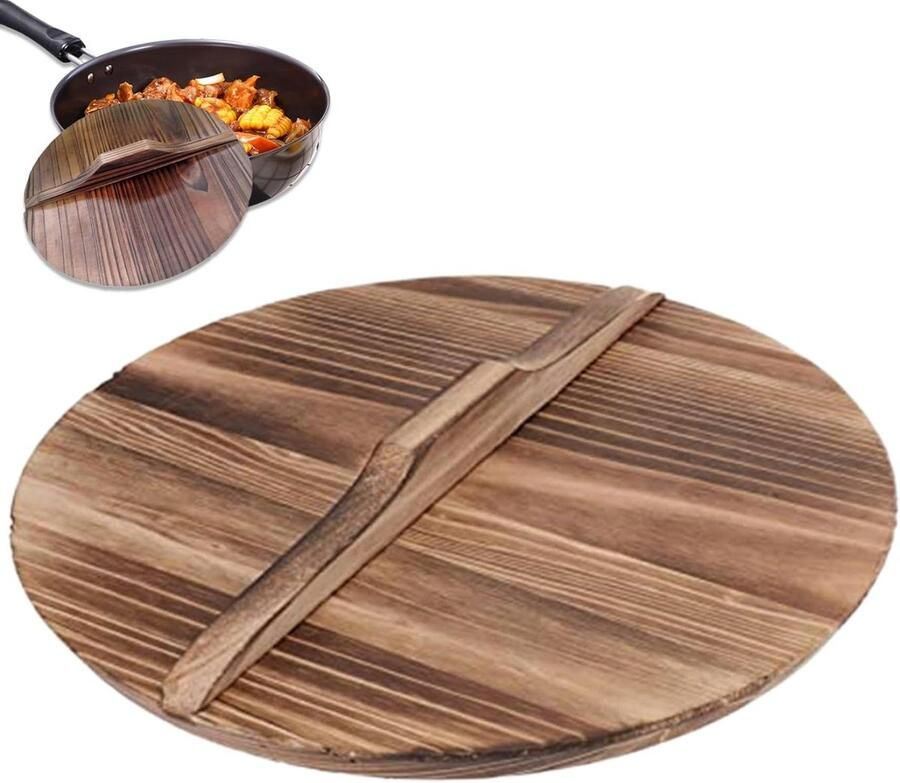 Wok Deksel Pot Deksel Koken Thuis Anti-slip Handvat 30cm Diameter Natuurlijk Hout