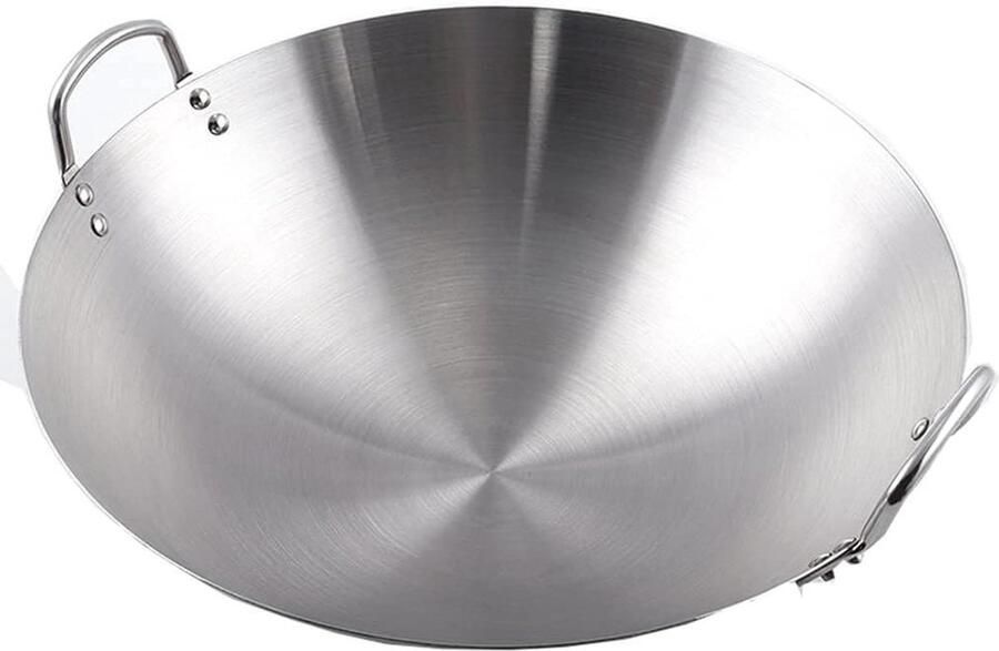 Wok Dubbel Oor Roerbakpan Staal Gezond Koken Ongecoat Roestvrij Staal 34-70 cm Zilver