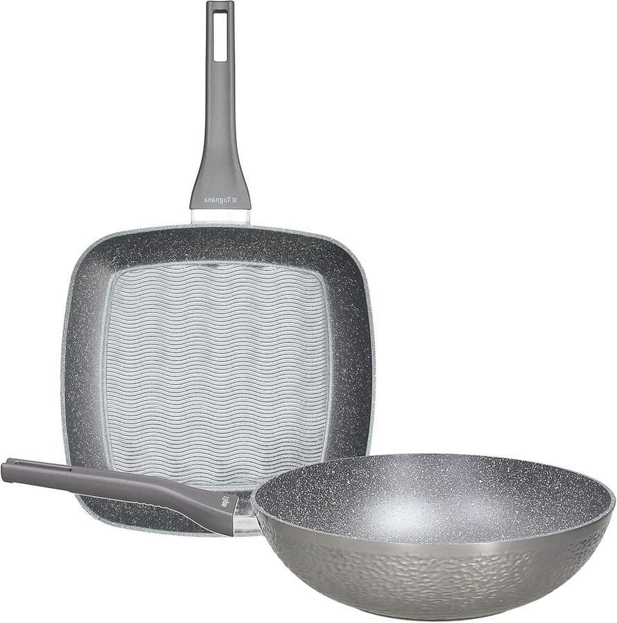 Wok en Grill Pan Kookpan set Gezond Koken Gesmede Aluminium Behuizing 28 cm Zwart