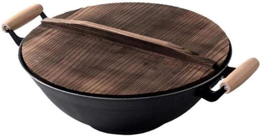 Wok Koekenpan Gietijzeren pan Koken op fornuis Ongecoat gietijzer 32 cm Zwart