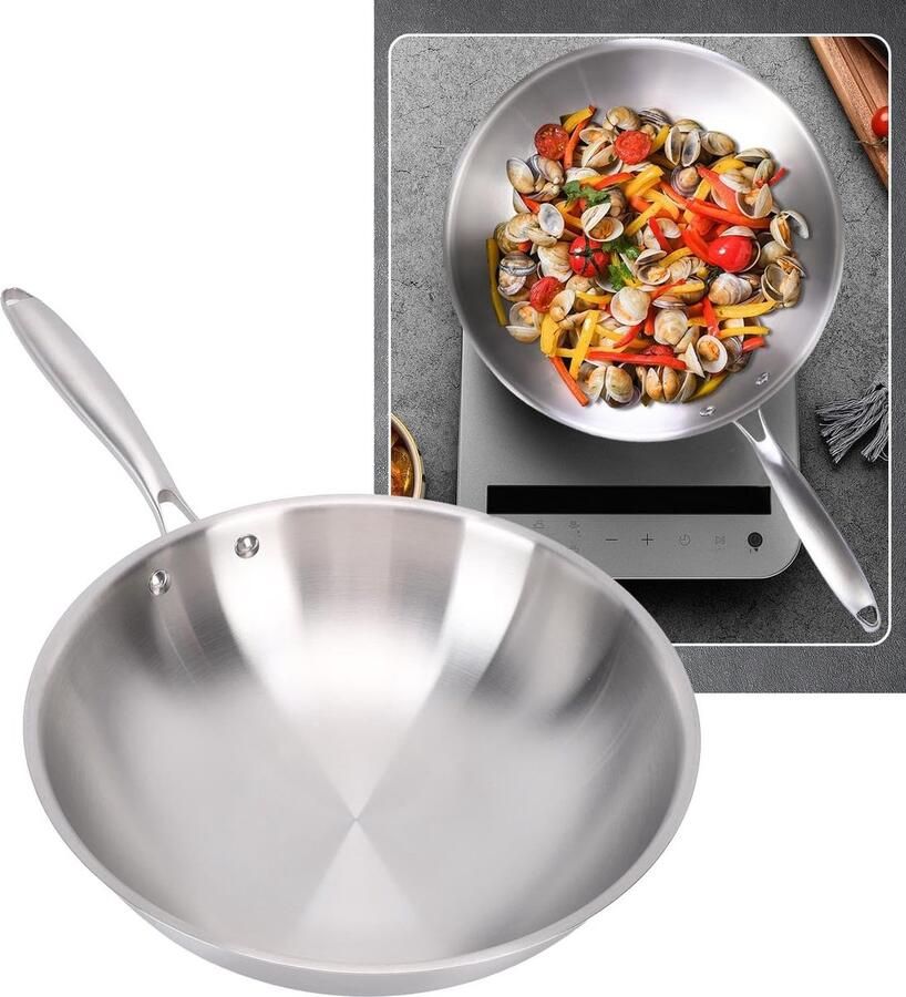 Wok met anti-aanbaklaag Roerbakpan kookgerei Snel koken 304 roestvrij staal 32CM diameter