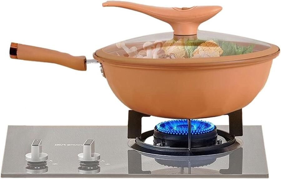 Wok met Antiaanbaklaag Koekenpan Gietijzer Koken en Stomen Gelijkmatige Warmtegeleiding 32 cm Zwart