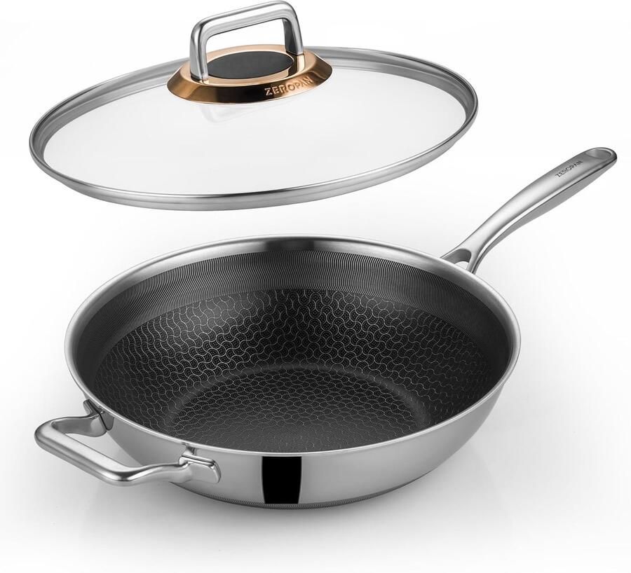 Wok met deksel Hybride koekenpan Dagelijks koken PFAS PFOA PTFE vrij 30cm diameter Zwart