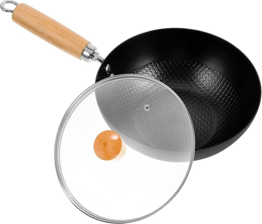Wok met Deksel Koekenpan Antiaanbak Lekker Koken Geschikt voor Vuren 1.5 Liter Zwart
