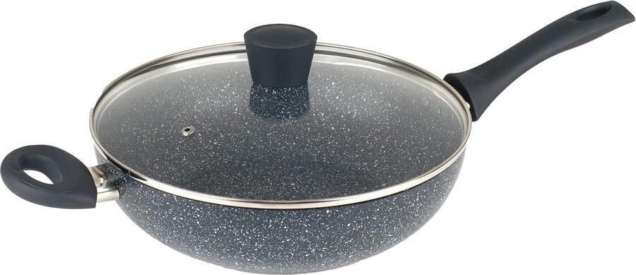 Wok met Deksel Koekenpan Stoofpan Gezond Koken Antiaanbak Steenlaag 28 cm 5 Liter Blauw Marmer