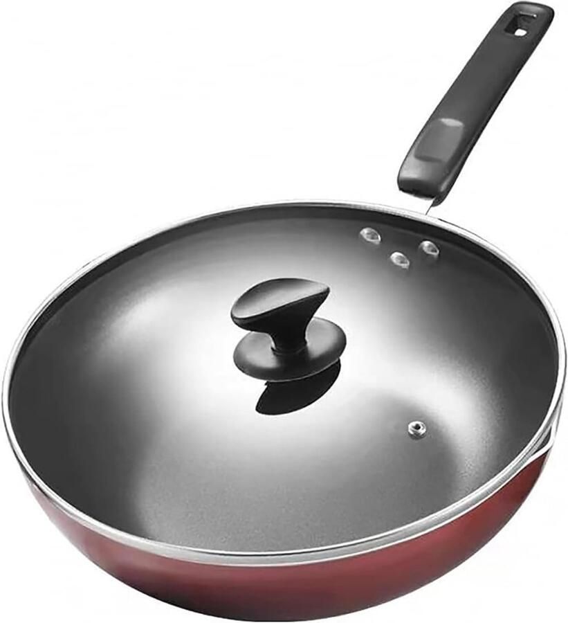 Wok met deksel Roerbakpan koekenpan Gezond koken Anti-aanbak laag 32 cm Zwart