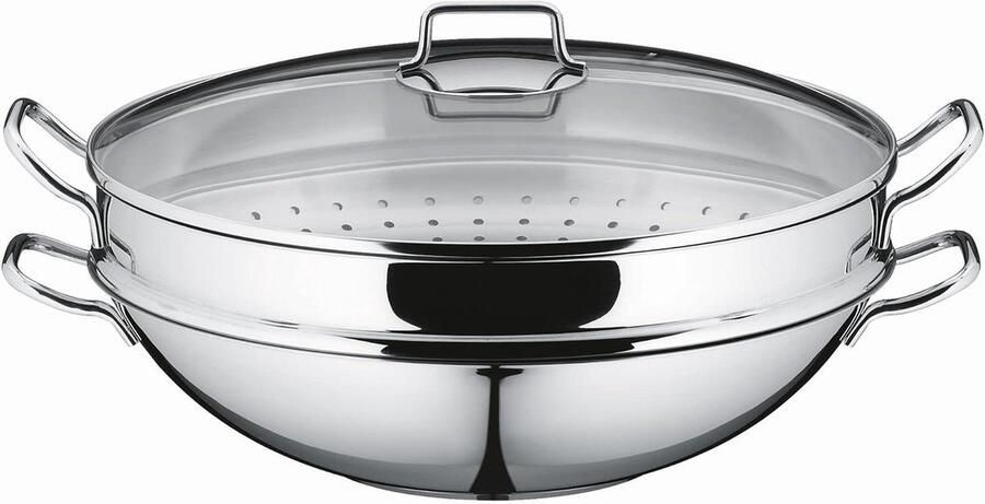 Wok met deksel Roerbakpan Aziatisch koken Energiebesparend koken 4 liter inhoud Zilver