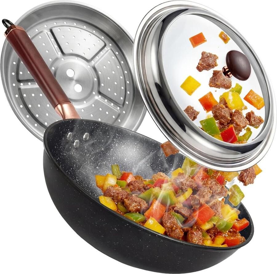 Wok met Deksel Roerbakpan Inductie Gezond Koken Keramische Antiaanbaklaag 32 cm Zwart