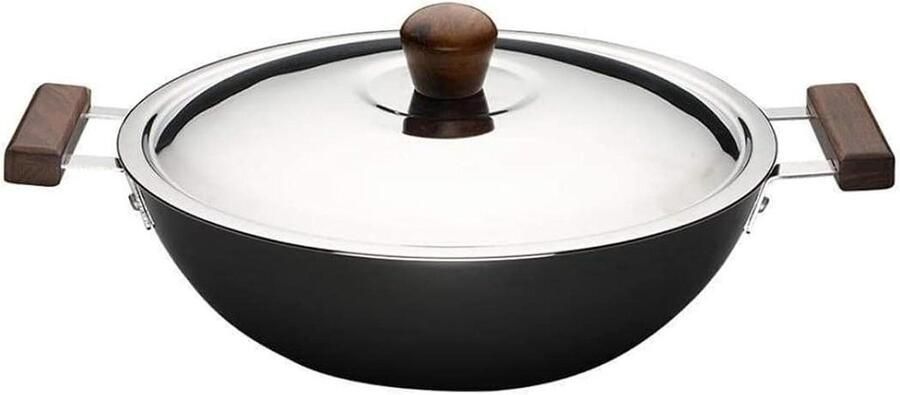 Wok met Deksel Roerbakpan Kadhai Snel Koken Hard Geanodiseerd 24 cm Zwart