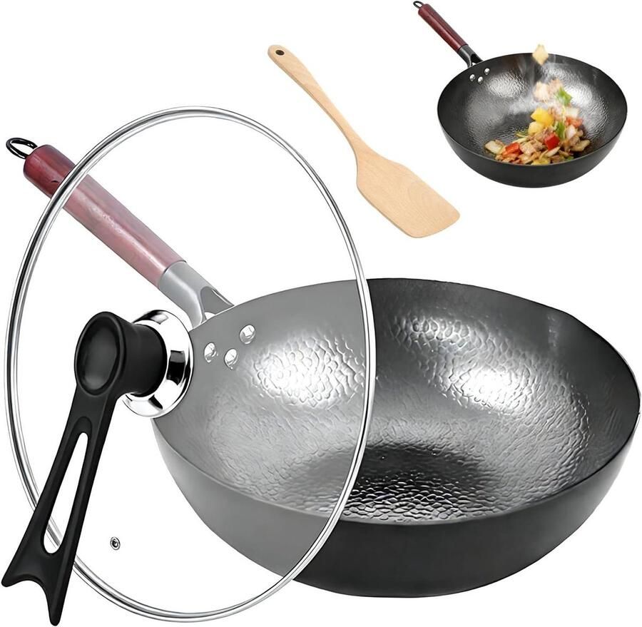 Wok met deksel Roerbakpan koolstofstaal Aziatisch koken Handgesmede visschubbenpatroon 32 cm Zwart