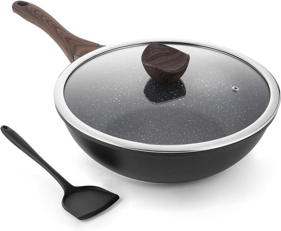 Wok met Deksel Roerbakpan Sauteerpan Gezond Koken Granieten Antiaanbaklaag 30 cm Zwart