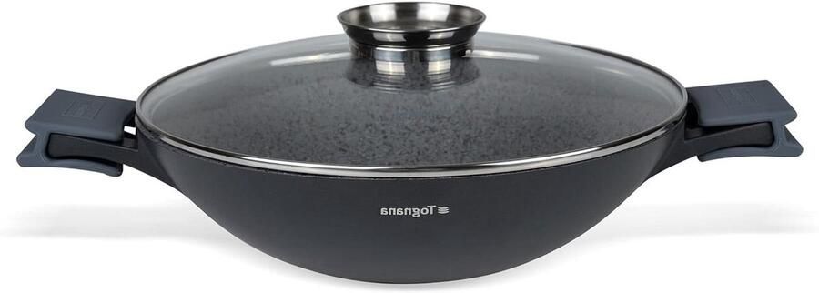 Wok met deksel Roerbakpan Snel koken Antiaanbak granietlook 32 cm Zwart