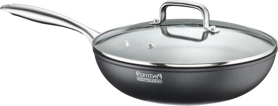 Wok met deksel Roerbakpan Snel koken Volledige inductiebodem 28 cm Zwart