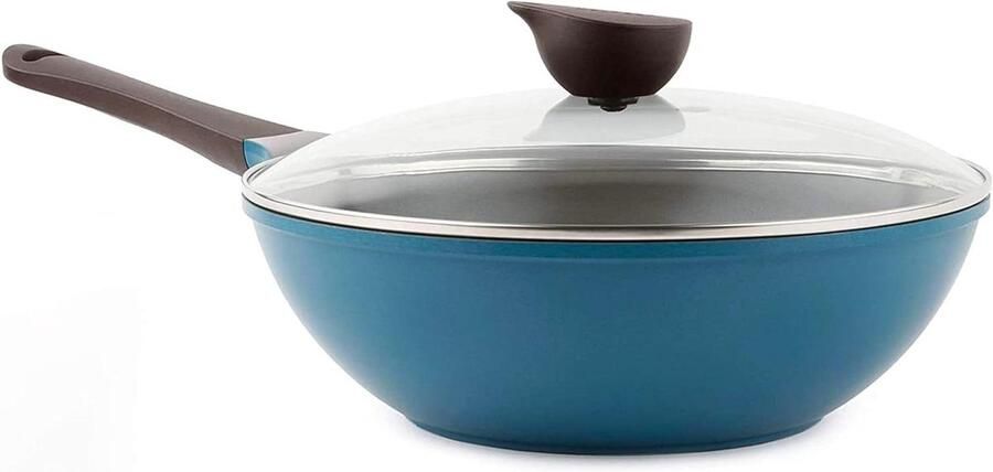 Wok met glazen deksel Koekenpan Chef's pan Snel koken Keramische antiaanbaklaag 305 cm Diepblauw