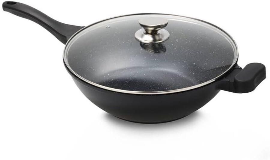 Wok met marmeren coating Roerbakpan Wokpan Gezond Koken Gegoten Aluminium 30 cm Zwart