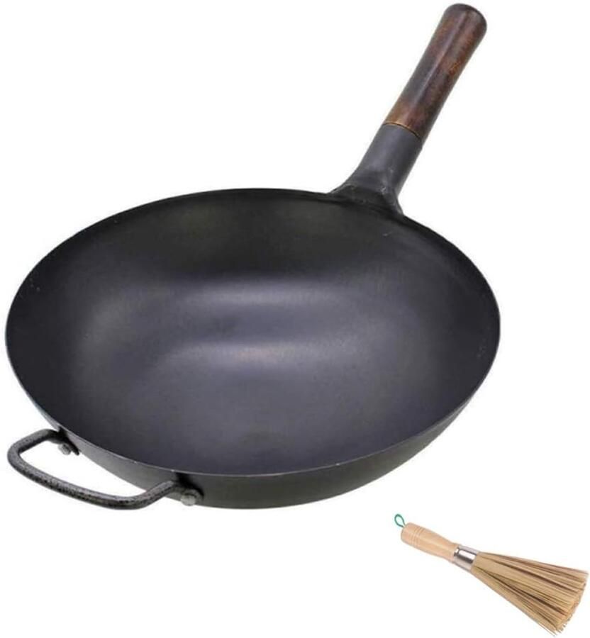 Wok met ronde bodem Koolstofstalen pan Traditioneel koken Handgehamerd ontwerp 40cm diameter