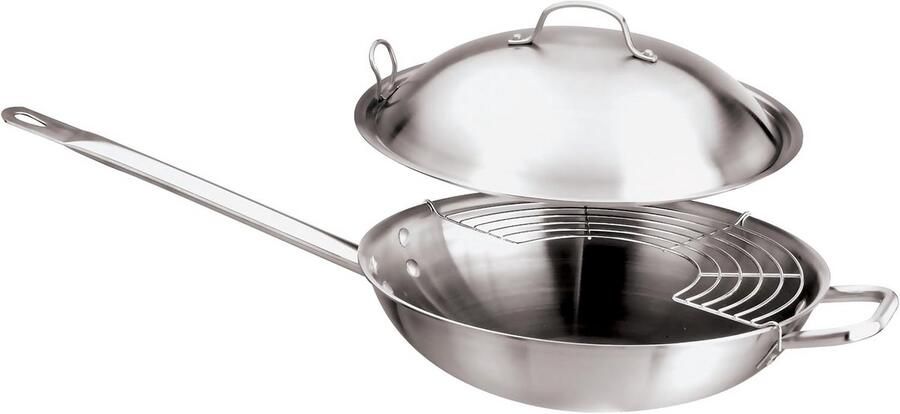 Wok met Rooster Koekenpan Professioneel Koken Roestvrij Staal 32 cm Zilverkleurig