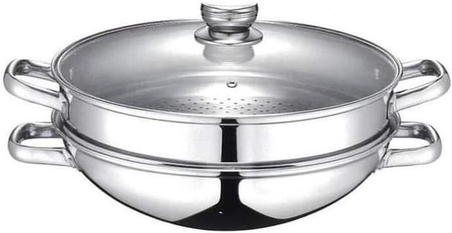 Wok met stoommand Roerbakpan met mand Gezond koken 2-in-1 functie Ø 32 cm Zilverkleurig