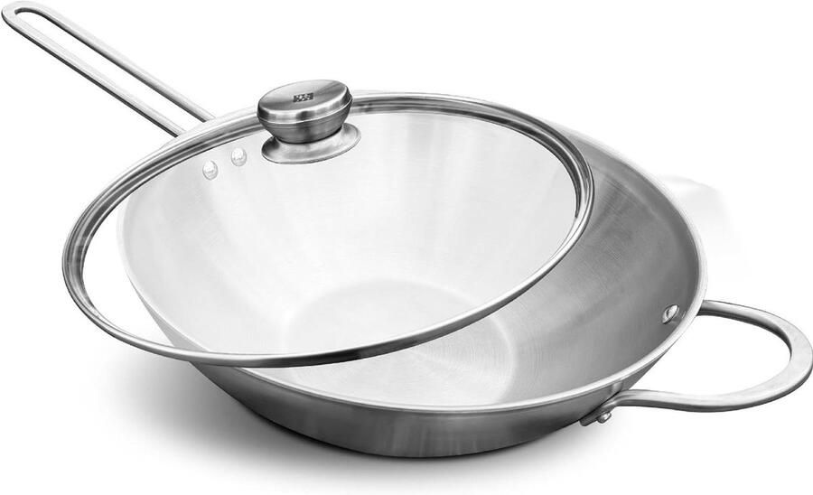 Wok Pan Aziatische Pan Gezond Koken Drielaags Sigma Clad Bodem 30 cm Zilver