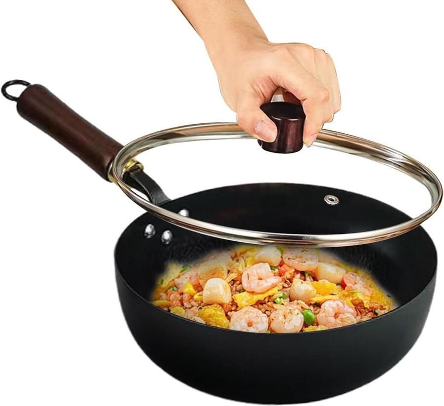Wok Pan Japanse Wok Gietijzeren Pan Authentiek Koken Handgesmeed Ontwerp 20 cm Zwart