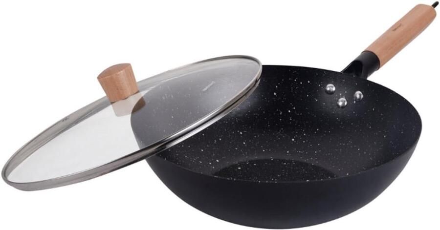 Wok Pan Koekenpan Aziatisch Koken Antiaanbaklaag Marmermotief 30 cm Diameter Zwart