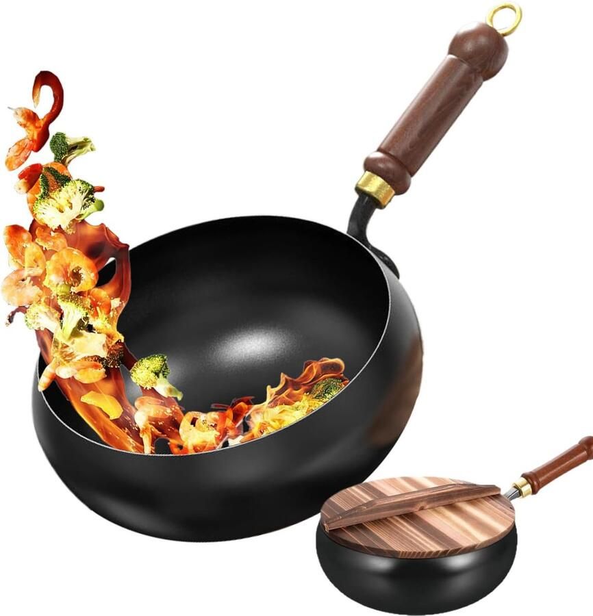 Wok Pan Koekenpan Aziatisch Koken Handgesmeed IJzer 28 cm Zwart