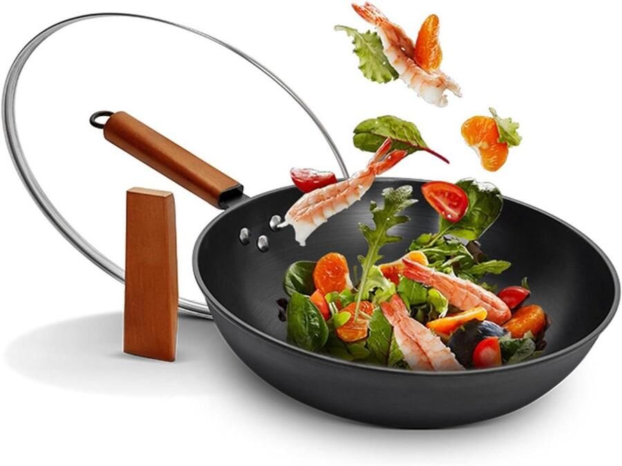 Wok Pan Koekenpan Aziatisch Koken Massief Ijzer 32 cm Zwart