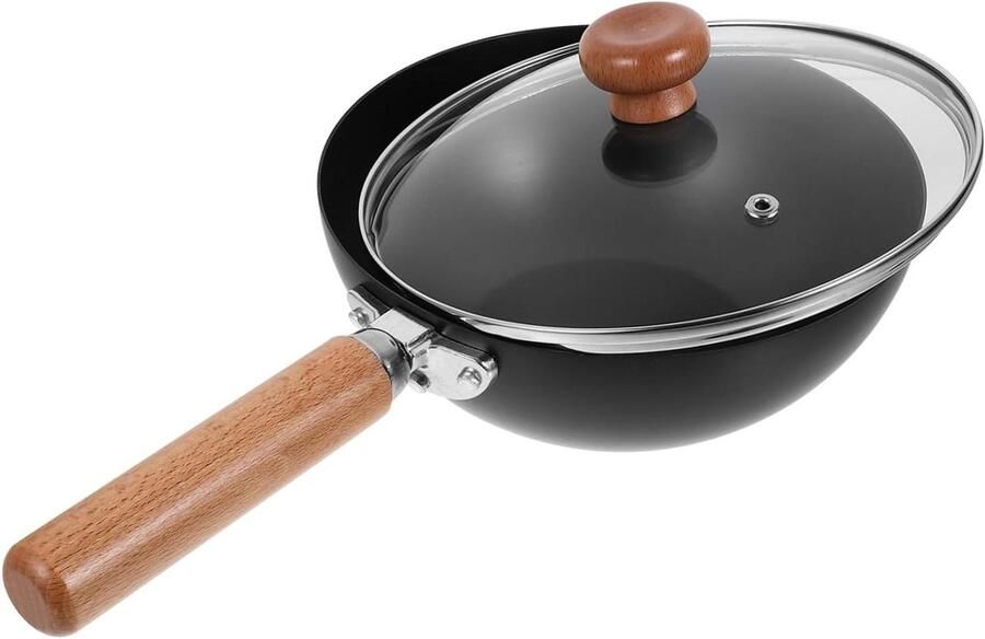 Wok Pan Koekenpan Braadpan Koken op Gasfornuis Met Glazen Deksel 20 cm Zwart